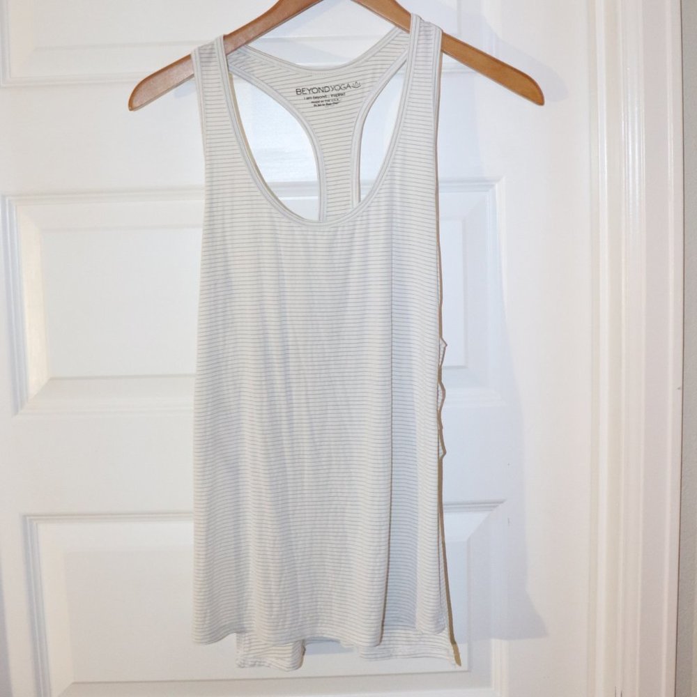 Beyond Yoga Open Side Tank- White & Grey Stripes